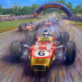 'Victory at the Farm'
Jim Clark leading the rest of the field on the opening lap of the 1968 Australian G.P. at Warwick  Farm. 
Acrylic on canvas, 120cm x 90cm
